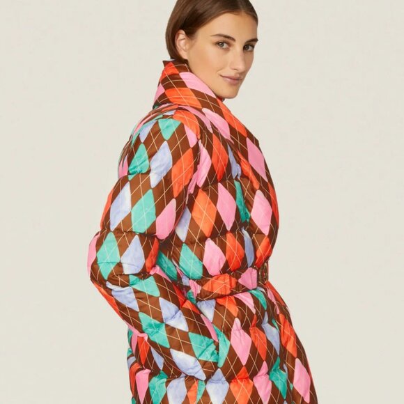 Rachel Antonoff Pink Brown & Orange Argyle Belted Puffer Jacket S - Picture 2 of 14